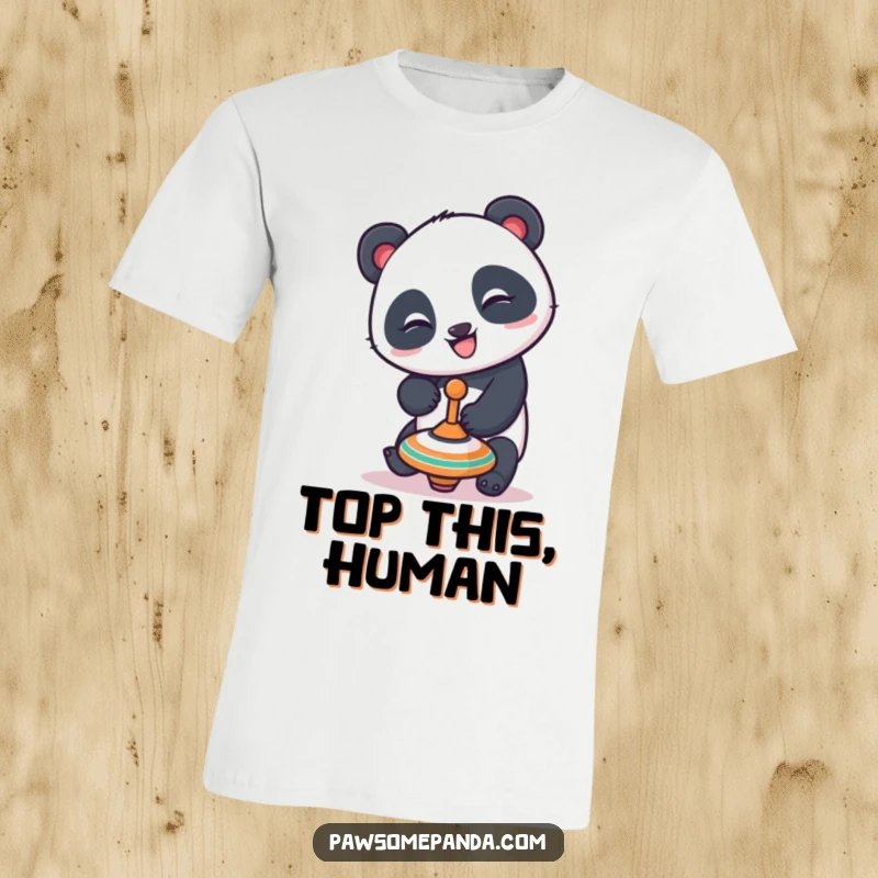 Funny panda t-shirt depicting a playful panda character with a mischievous grin trying to balance a spinning top, radiating fun and concentration.