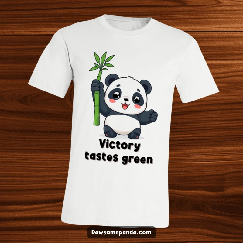 Funny t-shirt showcasing a gleeful panda character holding a single bamboo stalk aloft in a moment of pure triumph and joy.