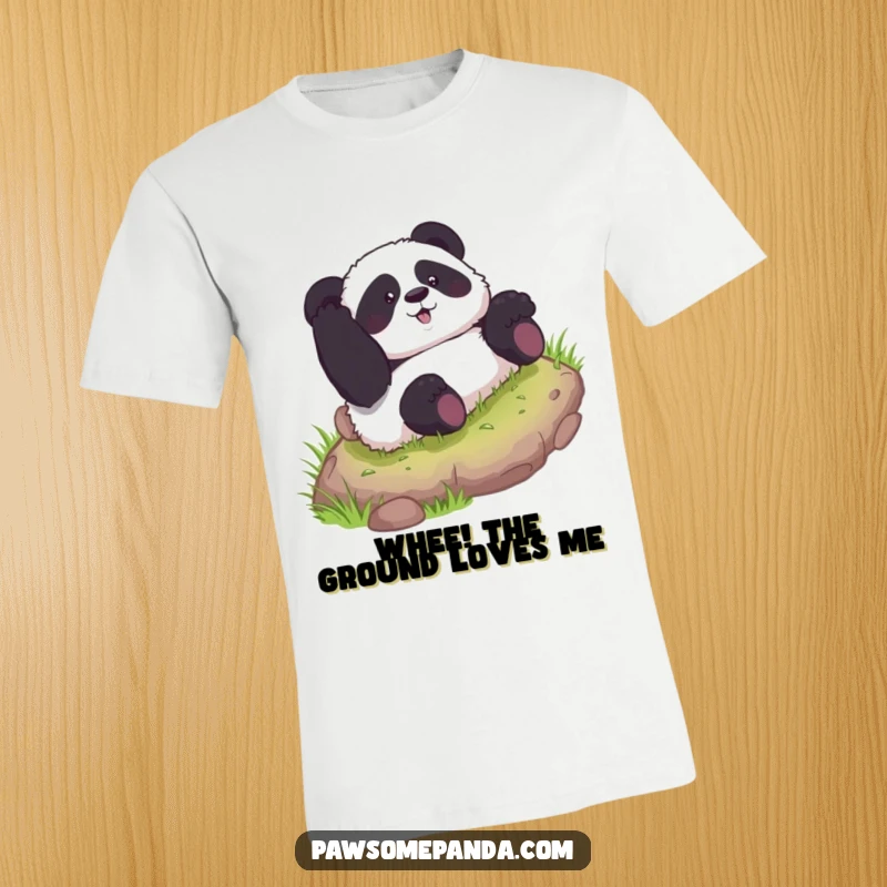 Funny t-shirt with a curious panda character hilariously rolling down a grassy hill, depicting pure, unadulterated fun.