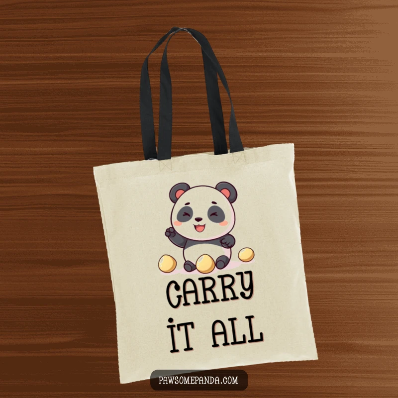 Funny panda tote bag featuring a happy panda character attempting to juggle three shiny pebbles, showcasing its delightful clumsiness and cheerful disposition.