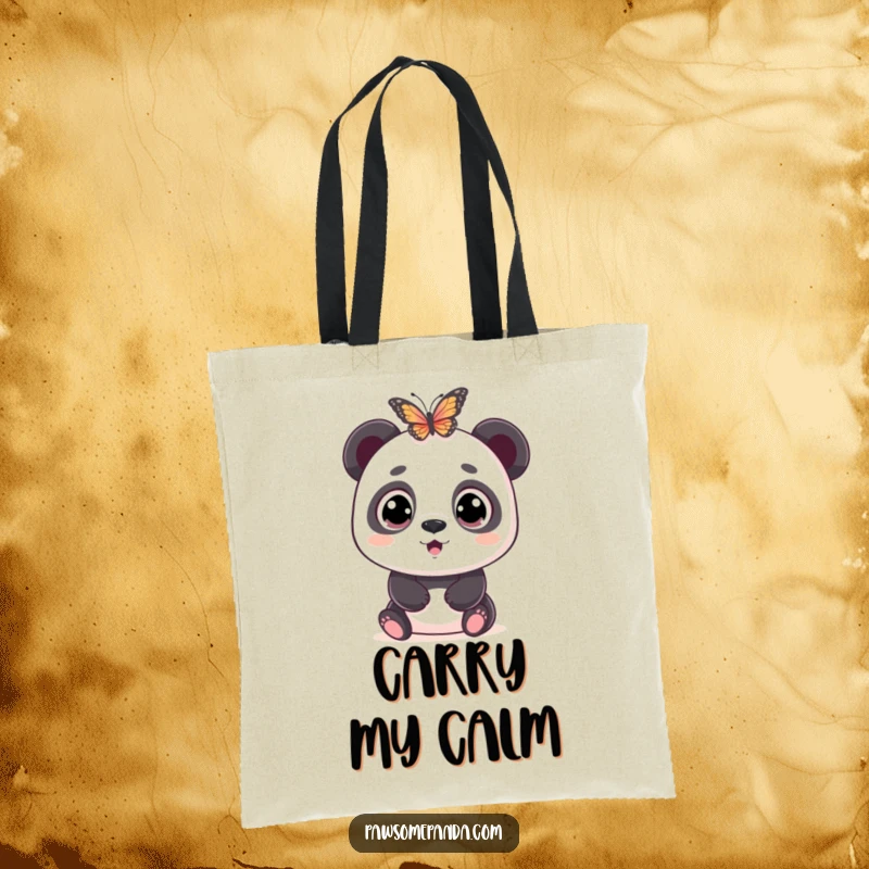 Funny tote bag showcasing a wide-eyed panda character looking comically surprised and astonished by a tiny butterfly flying in its direction.