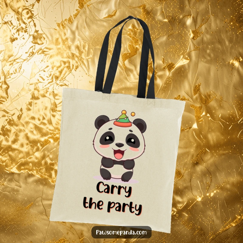 Funny tote bag with a stocky panda roaring playfully while wearing a festive hat, perfect for carrying essentials.
