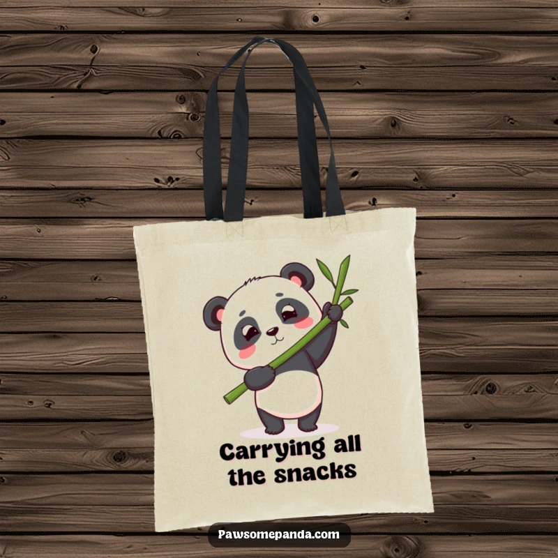 Funny panda tote bag showcasing a determined panda balancing a large bamboo stalk, bringing focus and humor to everyday use.