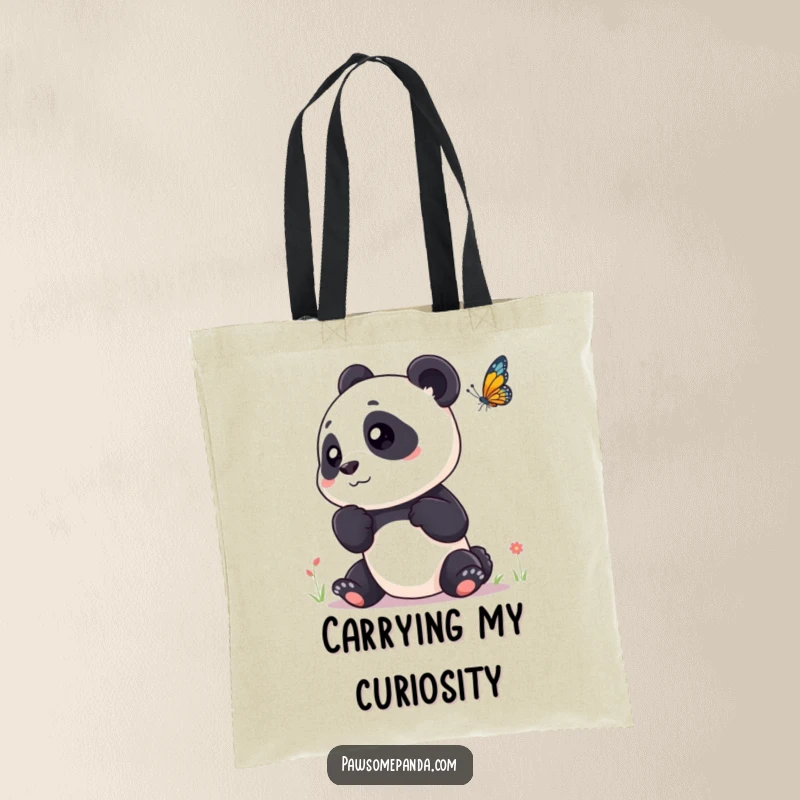 Funny tote bag with a curious panda tilting its head, observing a butterfly, perfect for nature lovers.
