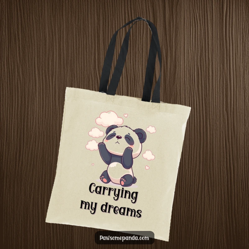 Funny tote bag featuring a serene panda character contemplating the fluffy clouds above.