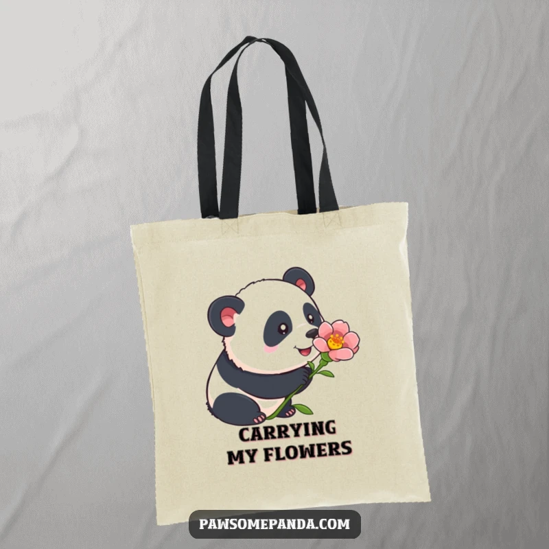 Funny panda tote bag showcasing a curious panda sniffing a blooming flower, bringing gentle charm and humor to everyday use.