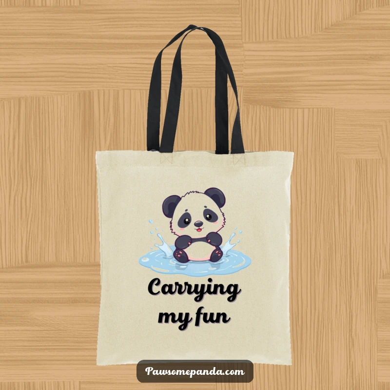 Funny kawaii panda cub playfully splashing water in a small puddle, on a durable tote bag, bringing joy.