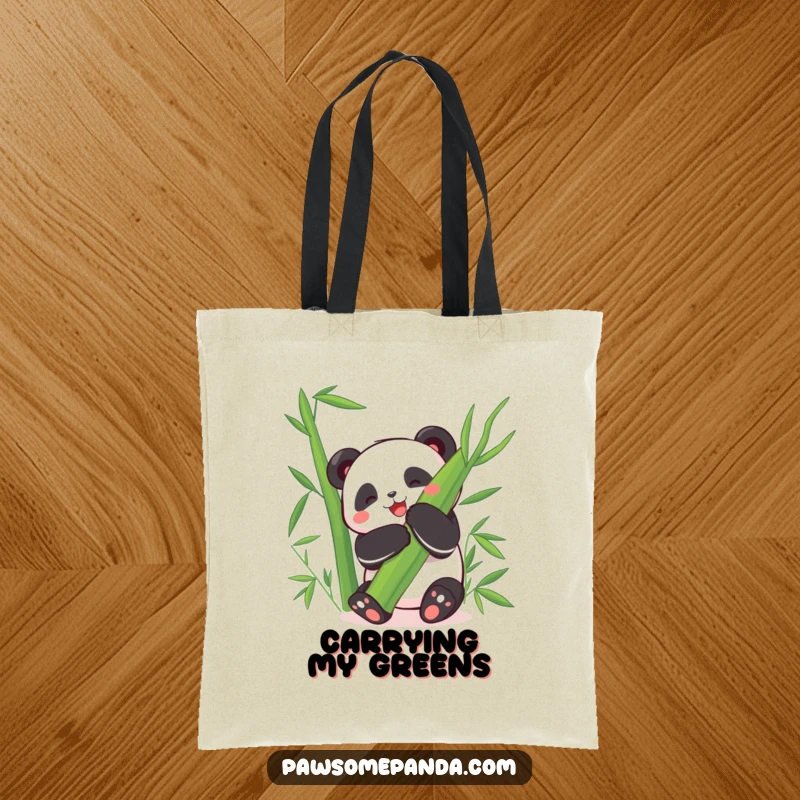 Funny Tote Bag: A happy panda character joyfully hugs a large bamboo leaf, showcasing hilarious delight.