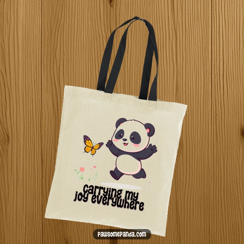 Funny Tote Bag: A cheerful panda character energetically hops while chasing a butterfly, highlighting a moment of playful joy.