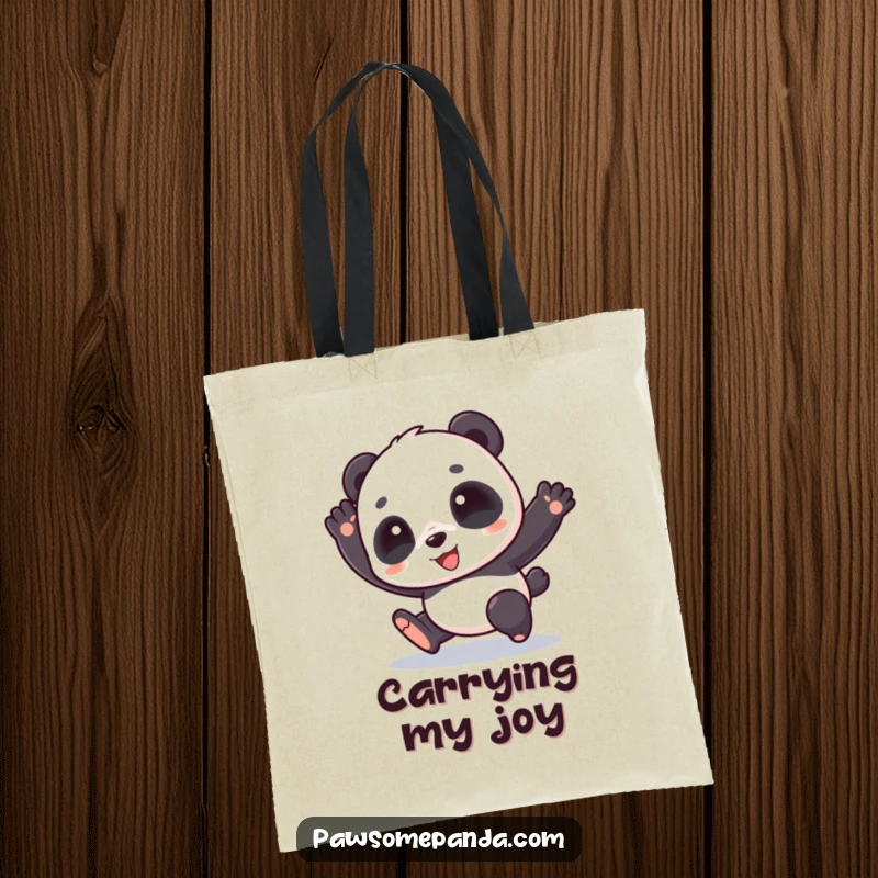 Funny tote bag illustrating a cute panda character in a happy hopping pose, ready for adventures and errands.