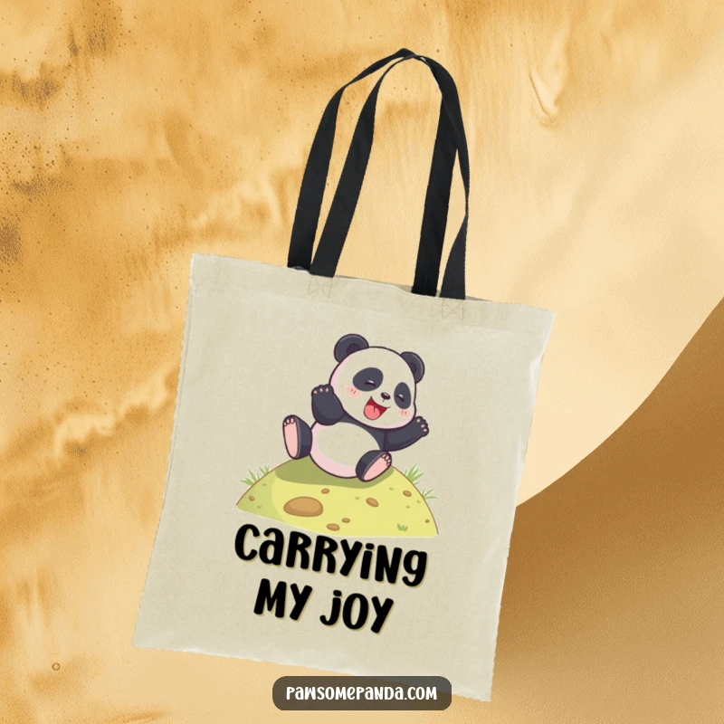 Funny panda rolling down a hill on a reusable tote bag, perfect for carrying happiness.
