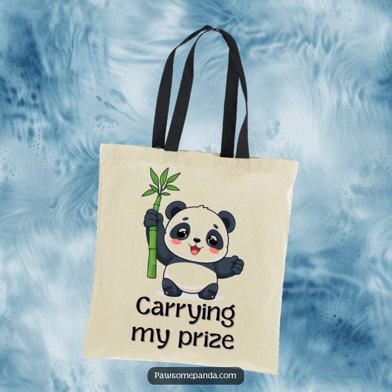 Funny tote bag with a panda character triumphantly holding a bamboo shoot, perfect for carrying groceries with humorous style.