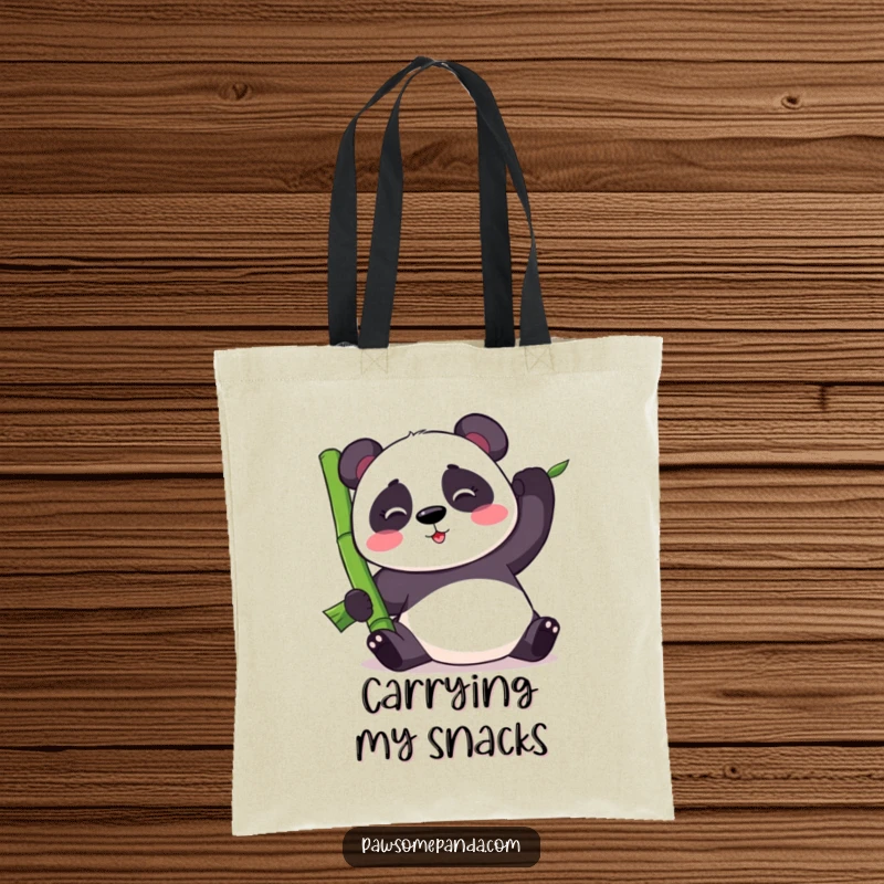 Funny kawaii panda bear precariously balancing a large bamboo stalk, on a tote bag, representing life's humorous challenges.
