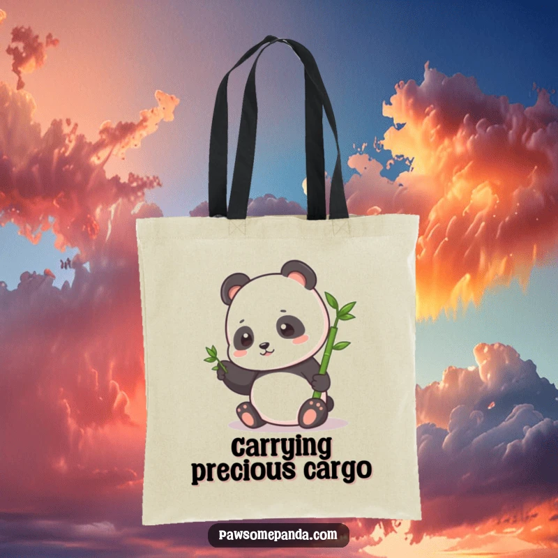 Funny Tote Bag: A small, happy panda character gently pats a tiny bamboo sprout, representing care and new life.