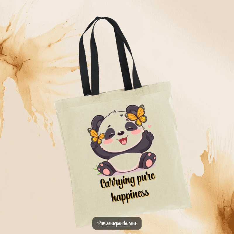 Funny panda tote bag with a playful panda bear giggling while a butterfly tickles its nose, adding humor to your day.