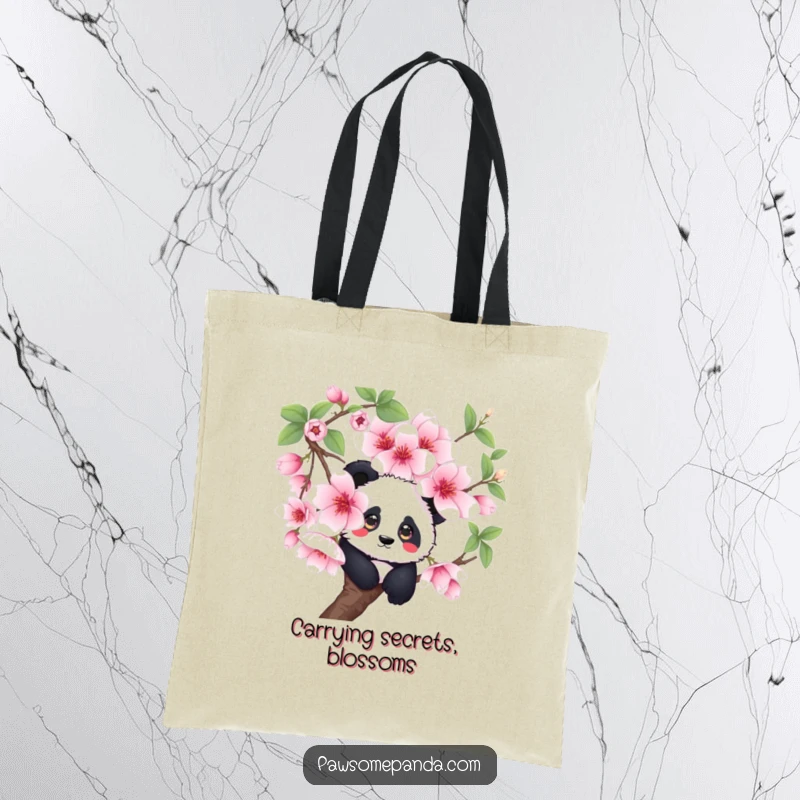 Funny curious panda tote bag, hiding behind a large cherry blossom, a cute and humorous accessory for daily use.