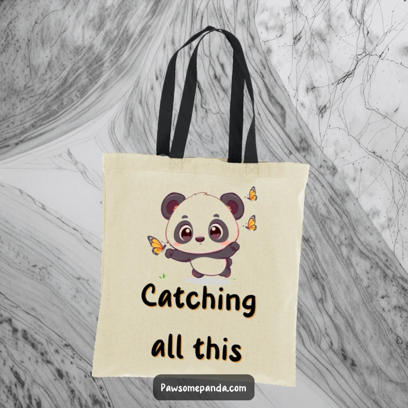 Funny kawaii panda cub with wide, amazed eyes, chasing a colorful butterfly, on a durable tote bag.