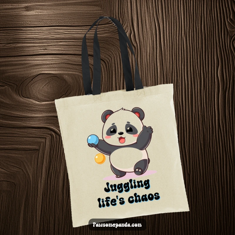 Funny chubby panda tote bag, surprised expression while juggling, colorful balls, a practical and humorous carry-all.