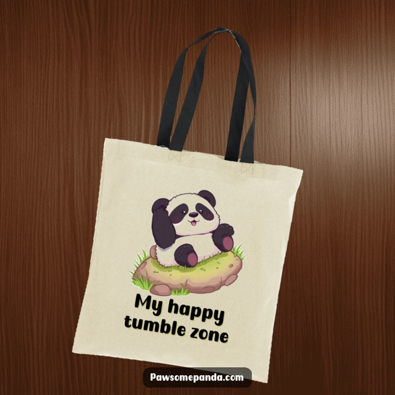 Funny tote bag depicting a curious panda character joyfully rolling down a grassy hill, a whimsical and amusing accessory.