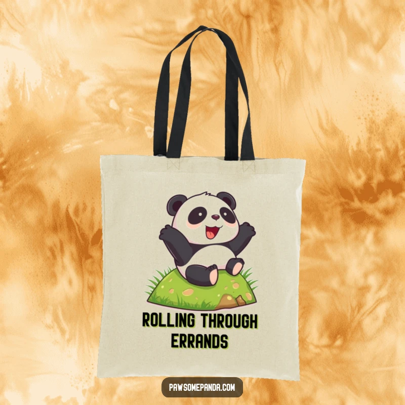 Funny happy panda tote bag, rolling down a green hill, joyful expression, a practical and humorous carry-all.