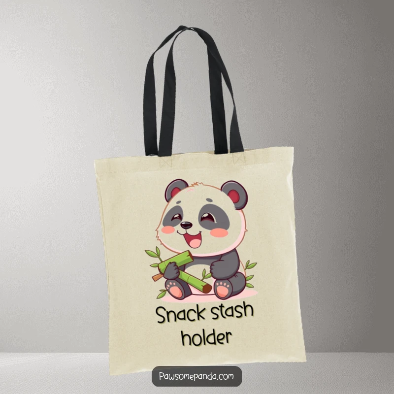 Funny tote bag with a kawaii panda cub happily munching on bamboo, perfect for carrying groceries with a side of cuteness.