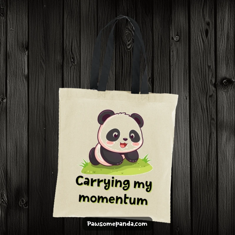 Funny kawaii panda cub enthusiastically rolling down a green hill, printed on a durable tote bag, perfect for carrying fun and essentials.