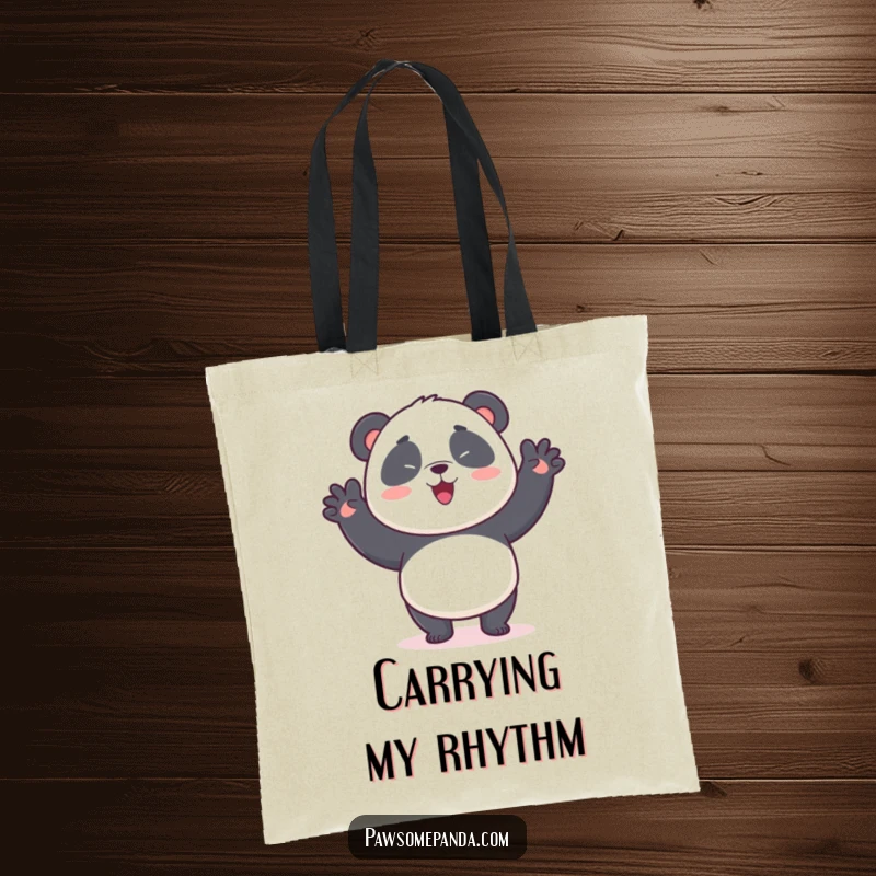 Funny tote bag showcasing a kawaii panda bear doing a silly, energetic wiggle dance, perfect for carrying groceries with a smile.