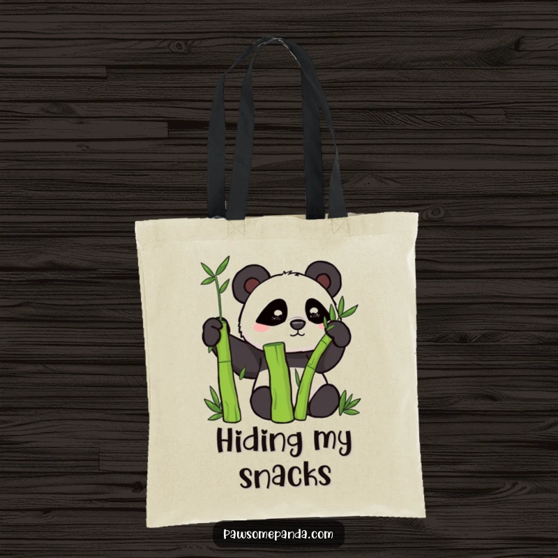 Funny tote bag with a cunning panda character cleverly concealed behind a vibrant bamboo stalk.