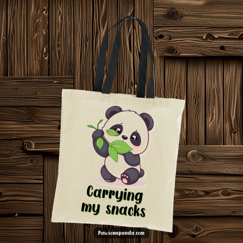 Funny panda playfully bamboozling a leaf on a reusable tote bag, perfect for cheeky errands.