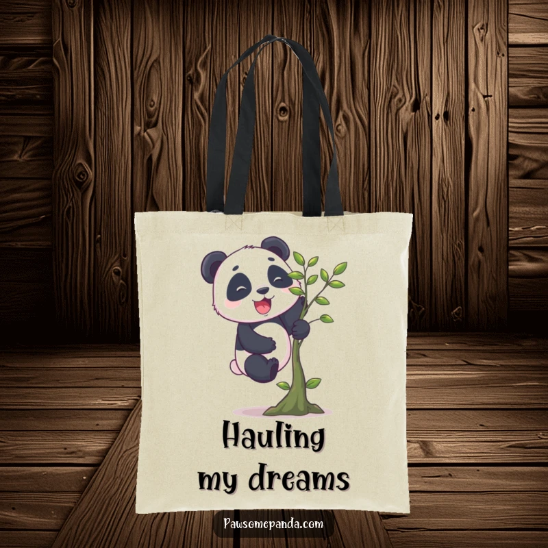 Funny panda tote bag showing a cheerful panda with stubby legs determinedly climbing a small tree, perfect for carrying daily essentials with a smile.