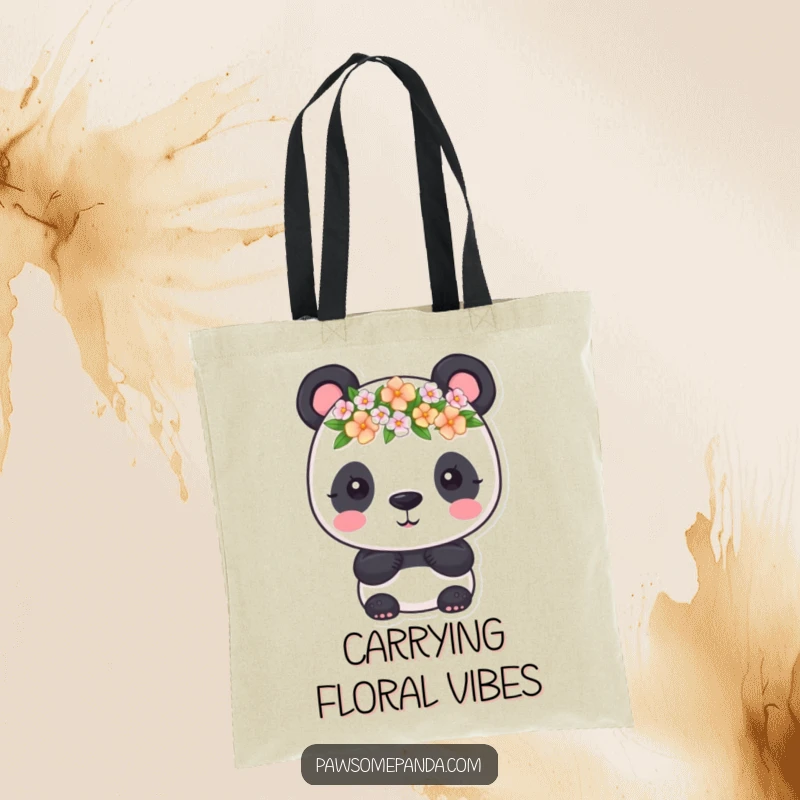 Funny Tote Bag: A panda wearing a tiny flower crown, perfect for carrying essentials with floral charm and humor, a funny gift.
