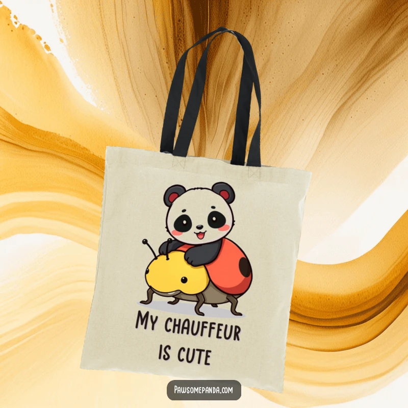 Funny tote bag with a cheerful panda riding a ladybug, perfect for errands and showcasing playful animal art.