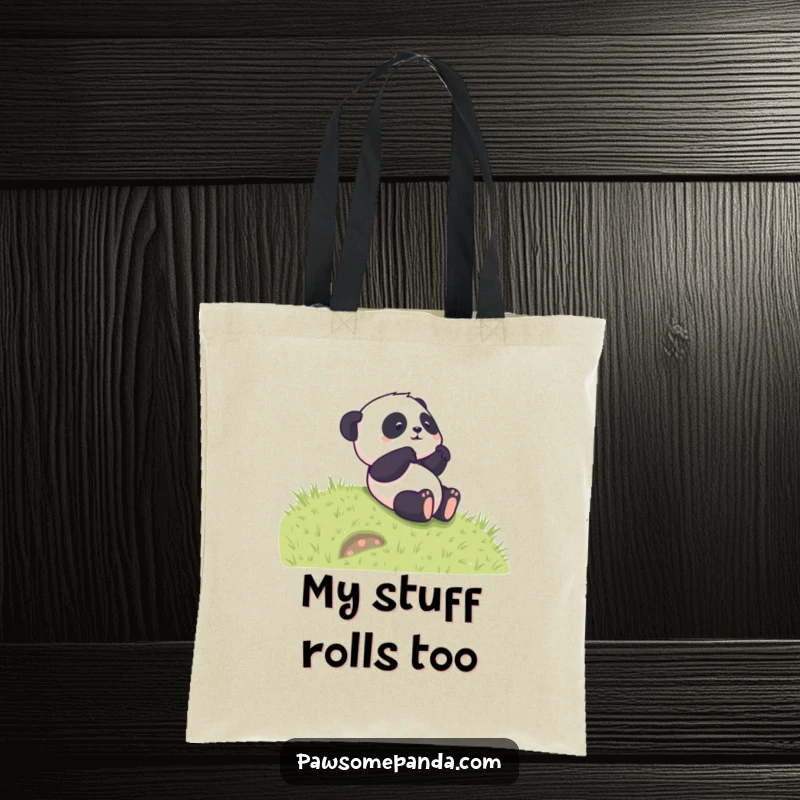 Funny tote bag illustrating a happy panda character playfully rolling down a vibrant green hill, perfect for everyday fun.