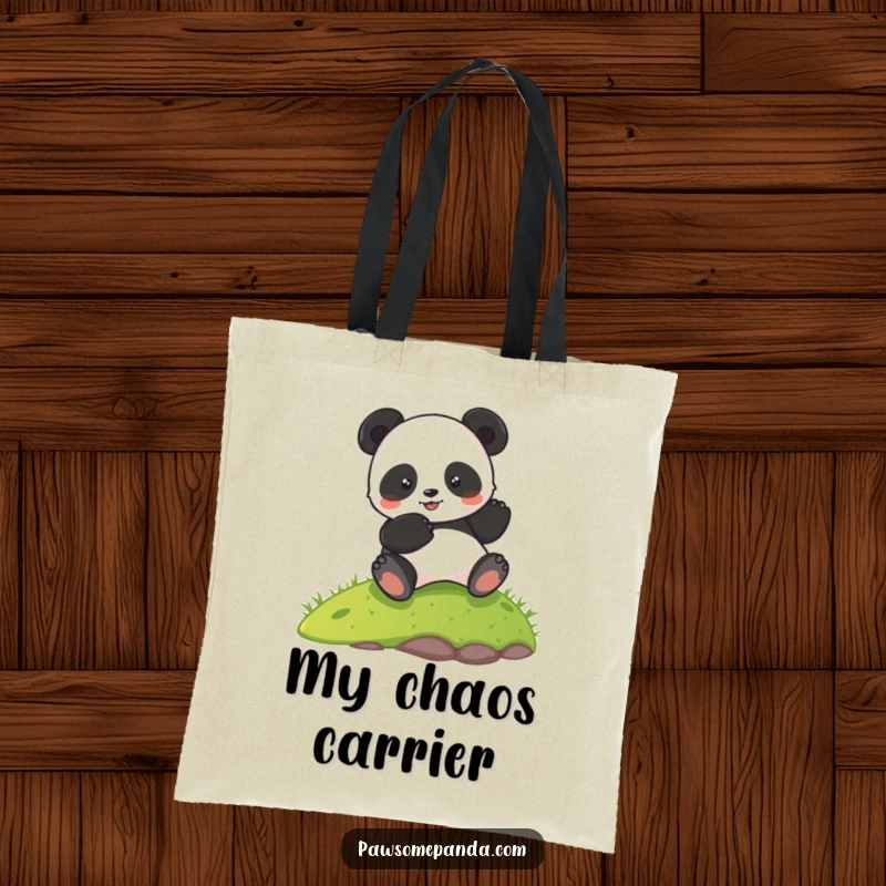 Funny tote bag with a cute panda character joyfully rolling down a grassy hill, perfect for carrying daily essentials with humor.