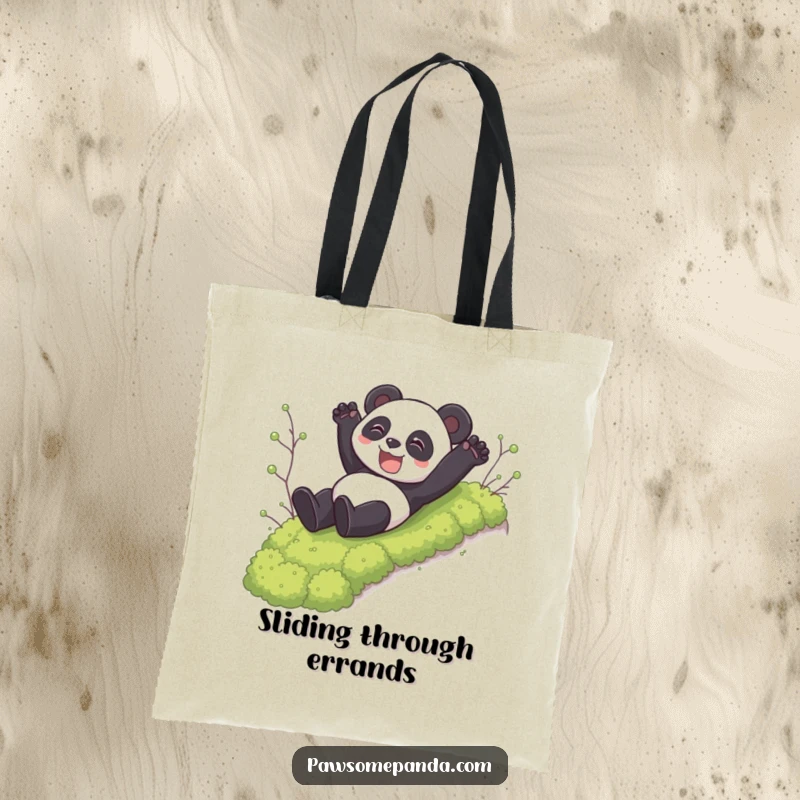 Funny tote bag with a grinning panda sliding down a mossy hill, perfect for carrying items with humorous flair.