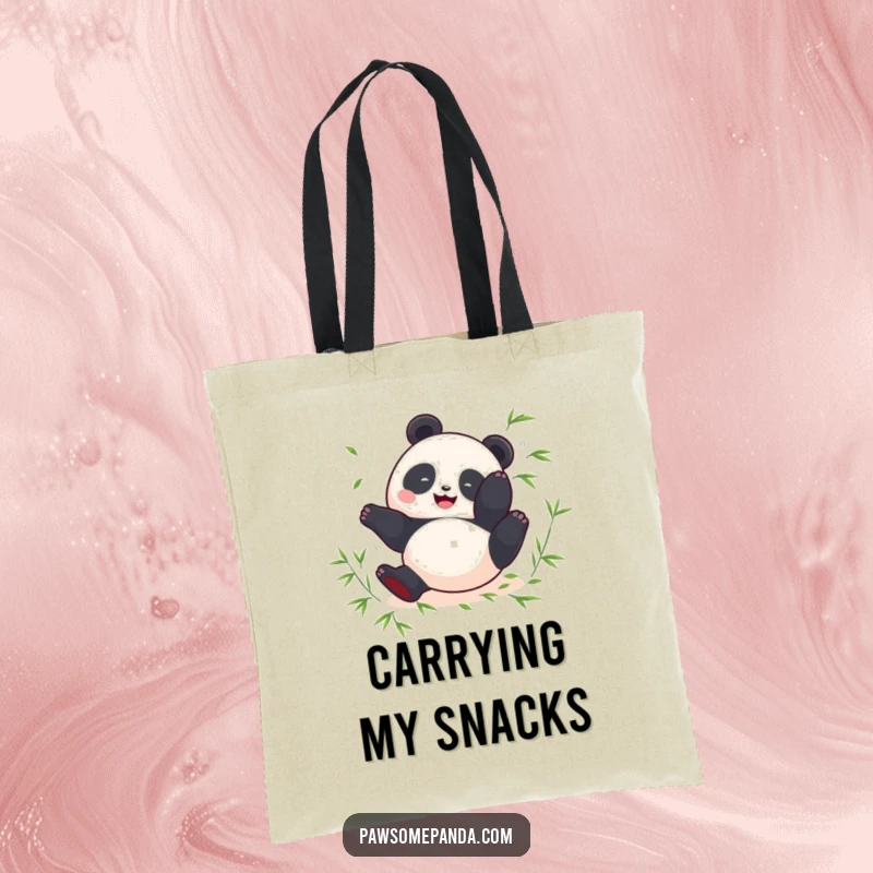 Funny tote bag featuring a round panda performing a happy somersault surrounded by bamboo leaves.
