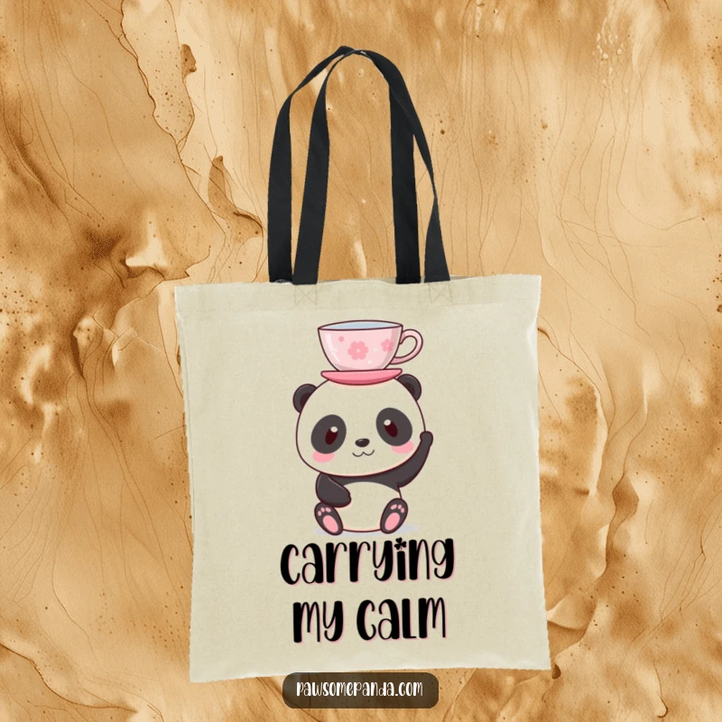 Funny tote bag with a panda balancing a teacup on its head, perfect for carrying daily items with a humorous twist.