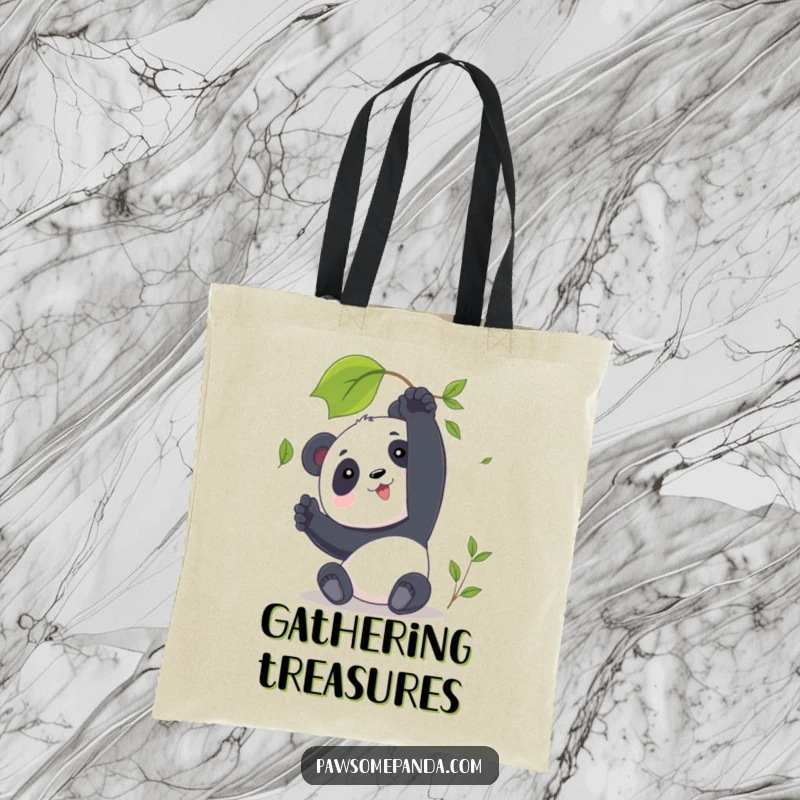 Funny Panda Tote Bag with a character reaching for a leaf, combining practicality with a gentle, humorous nature scene.