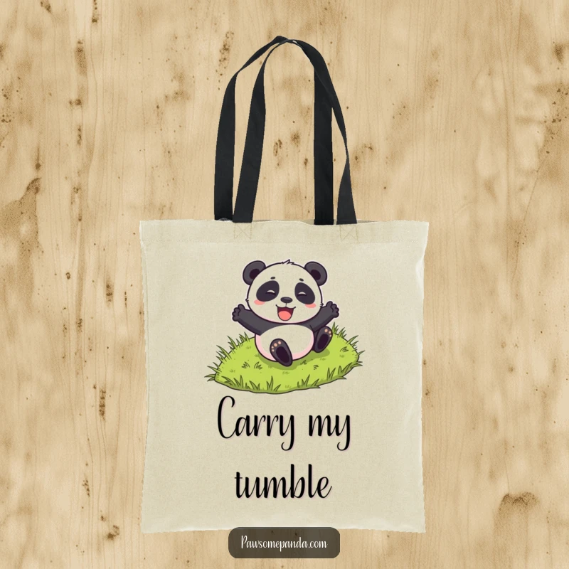 Funny tote bag with a panda character excitedly rolling down a grassy hill, perfect for carrying essentials with playful charm.