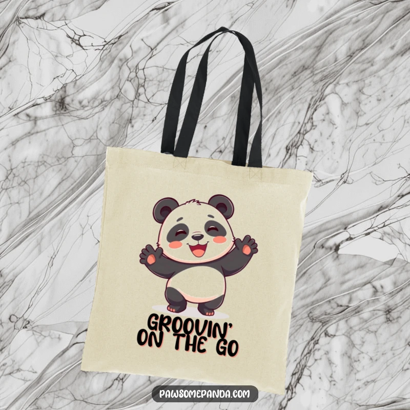 Funny playful panda tote bag, dancing with paws in the air, wide smile, a practical and humorous carry-all.