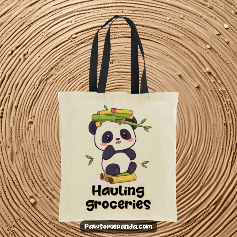 Funny tote bag illustrating a panda character skillfully or comically balancing a tall, unsteady stack of green bamboo shoots, ready for errands.
