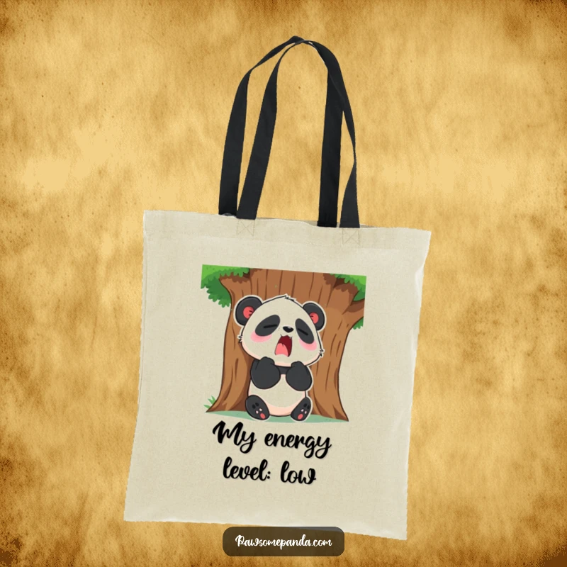 Funny Tote Bag: A sleepy panda character sits by a tree, yawning wide, perfect for carrying essentials with a relaxed vibe.