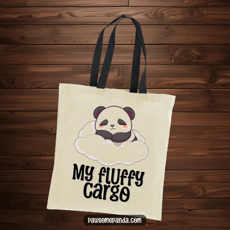 Funny tote bag with a sleepy panda character contentedly rolling in fluffy clouds, ideal for dreamers.