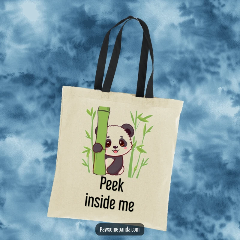 Funny tote bag with a kawaii panda cub peeking from behind bamboo, perfect for carrying items with a cute and curious vibe.