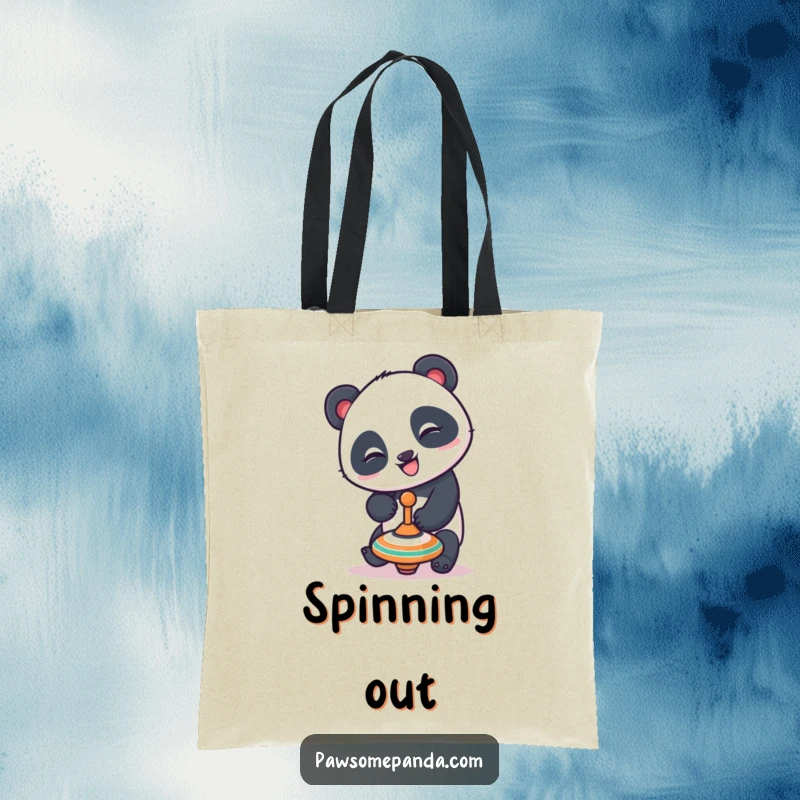 Funny panda tote bag showing a playful panda character with a mischievous grin trying to balance a spinning top, perfect for carrying essentials with a smile.