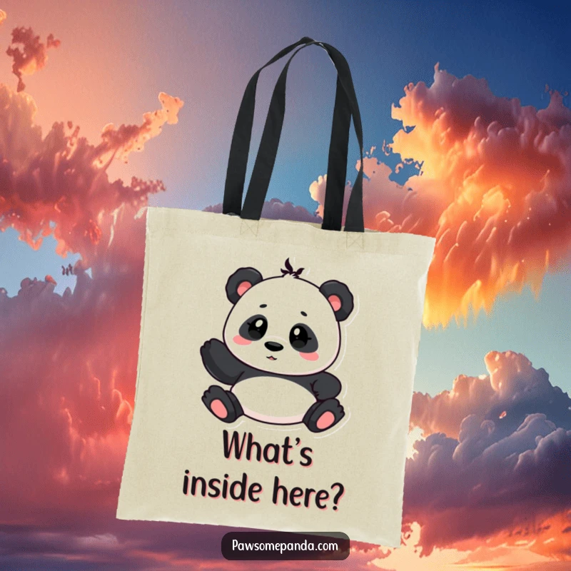 Funny tote bag showcasing a cute panda character tilting its head inquisitively, perfect for carrying essentials with a curious flair.